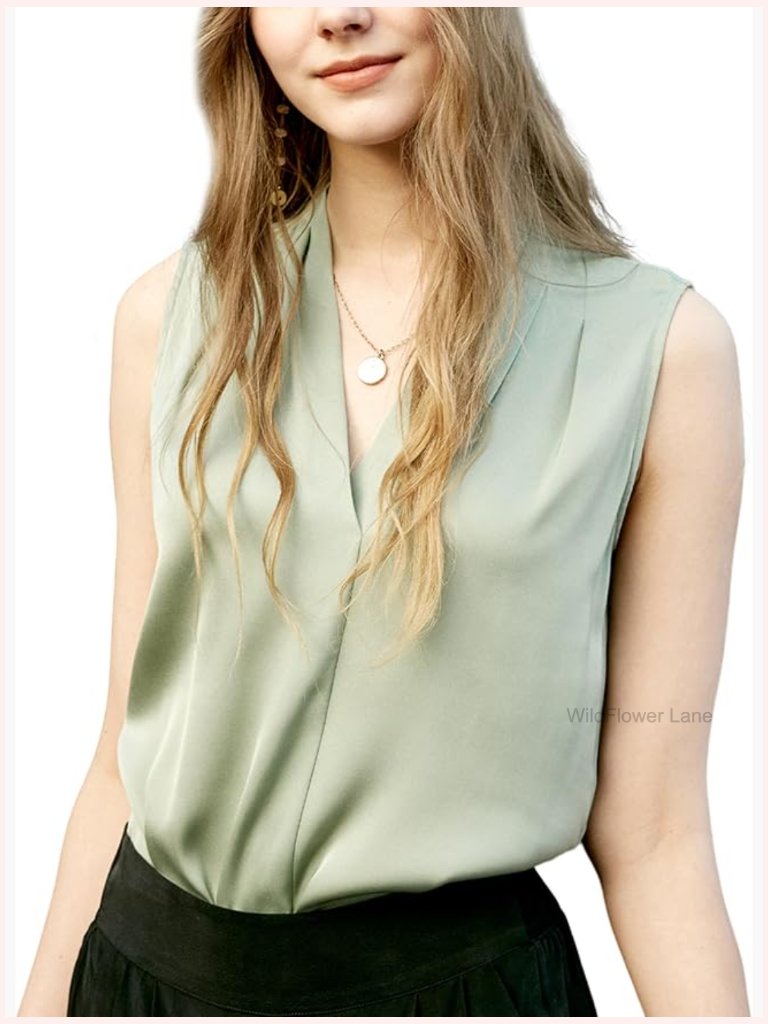 Mulberry Silk Sleeveless V-Neck Blouse Office Top Tank Cami Womens Loose Fit